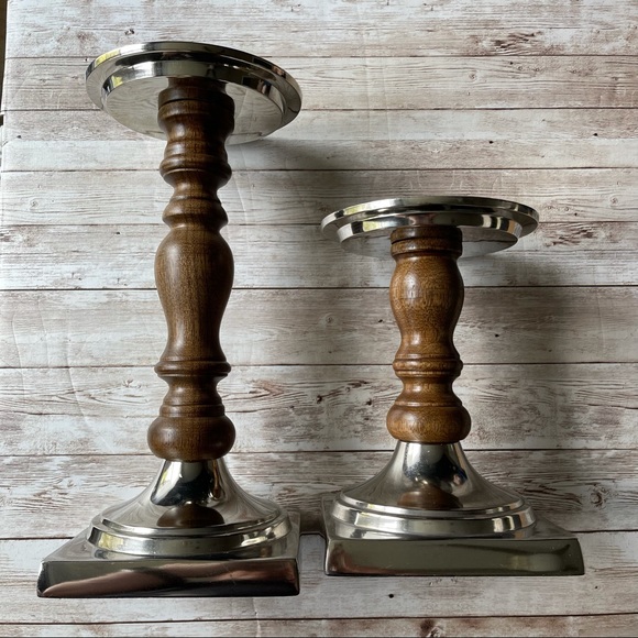 POTTERY BARN CANDLE STANDS WOOD METAL 12” 9”